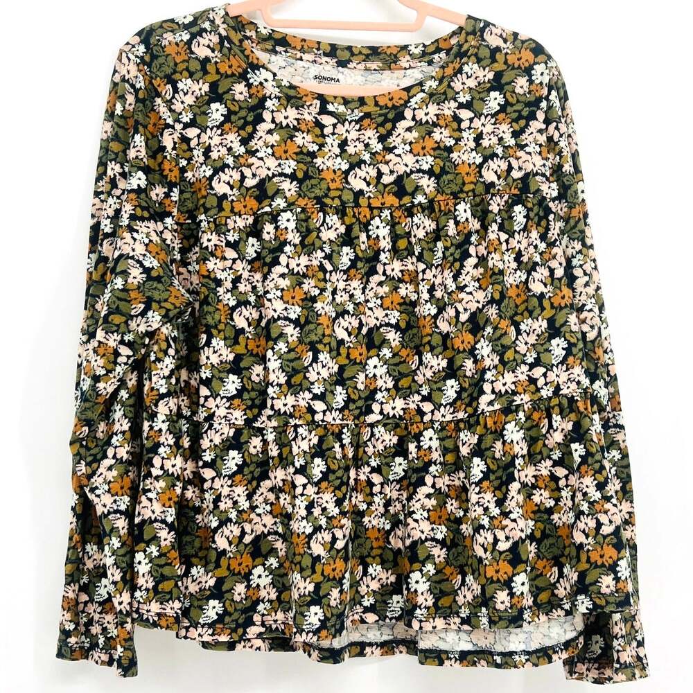SONOMA Women's Dark Floral Long Sleeve Tiered Knit Top XXL Dark Academia Preppy